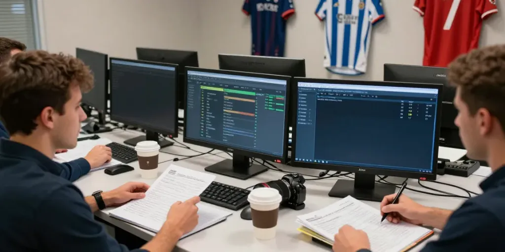 Real-time sports news update featuring football transfer live scores and discussions in a busy newsroom.