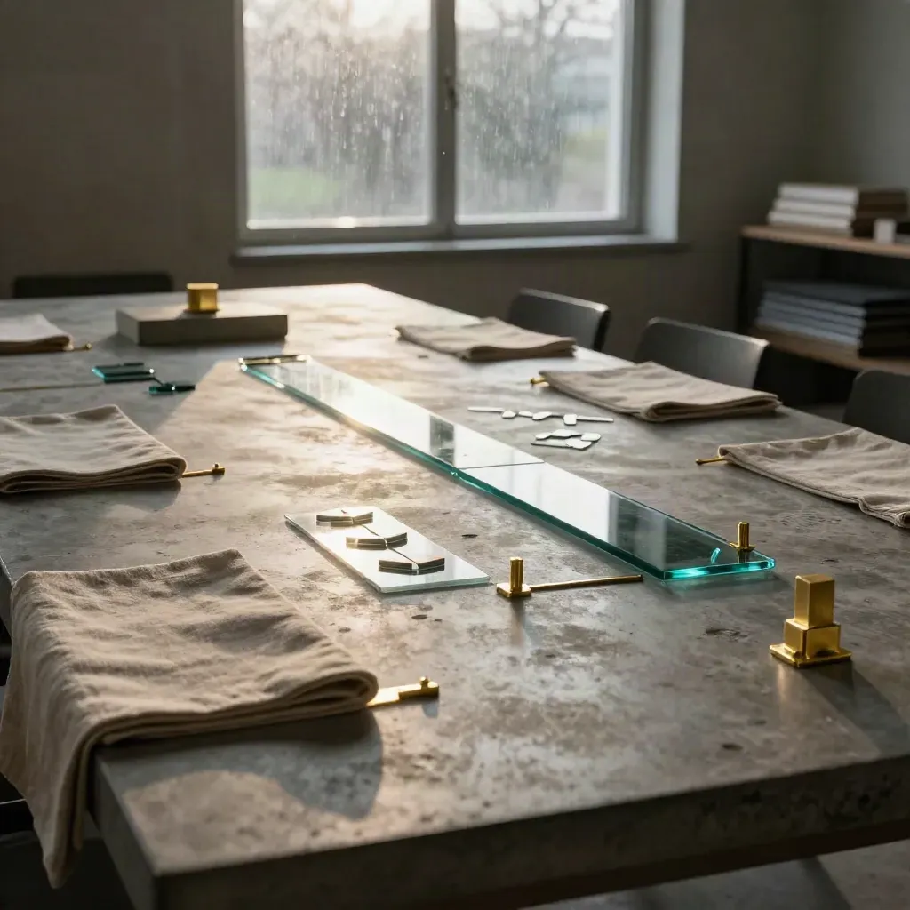 Stone strategy blocks, linen panels and teal glass in a rain-lit loft