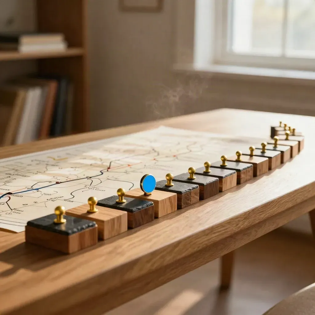 Strategic roadmap built from wooden blocks, brass pegs and slate markers on a sunlit bench.