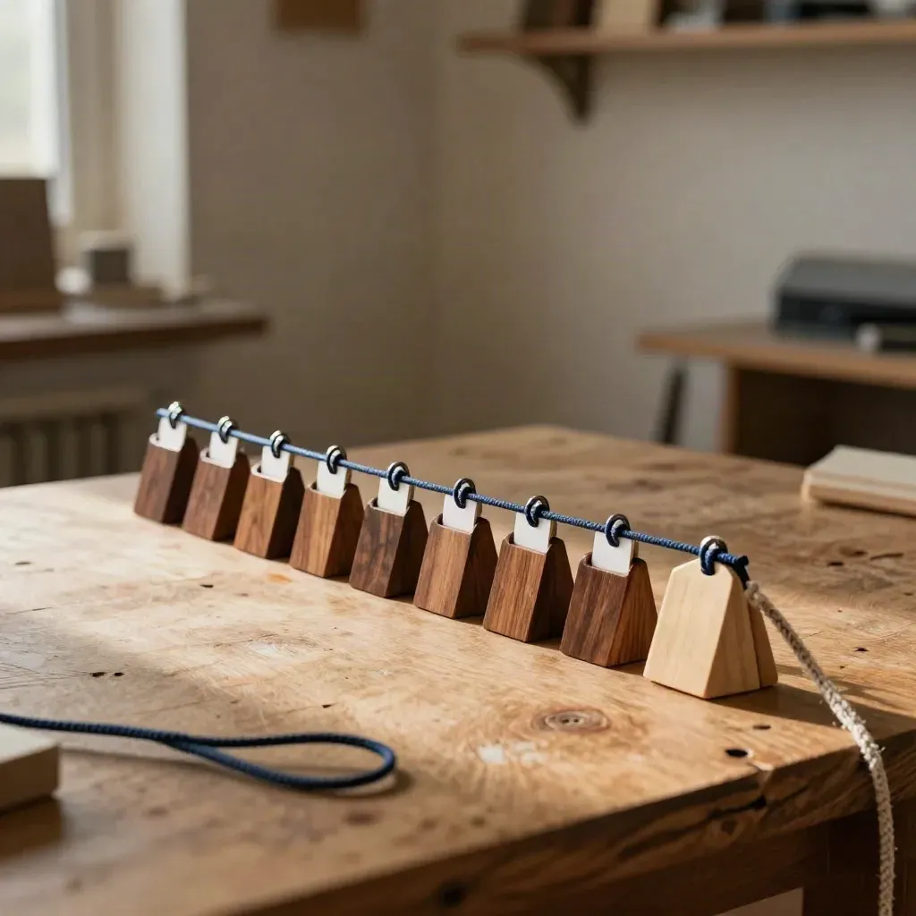 Suspended string timeline with wooden milestones and blank tabs over a worn oak work surface.