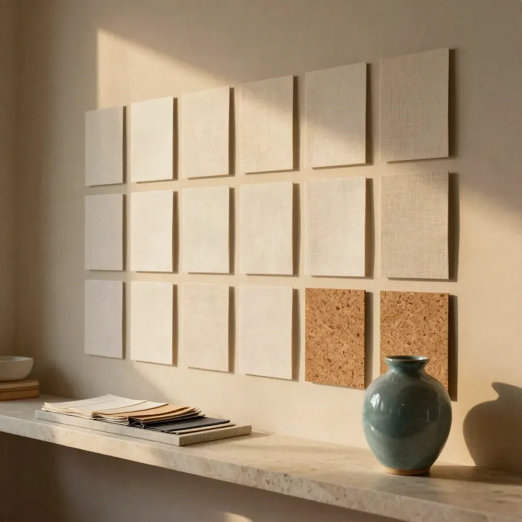 Brand vision wall with linen cards, cork samples, stone tray, and teal vessel in soft morning light