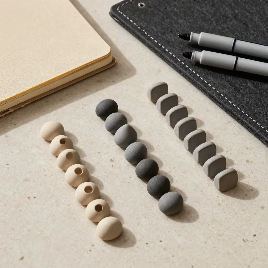 Top-down ceramic goal markers lined in three columns beside a closed linen notebook and felt board.