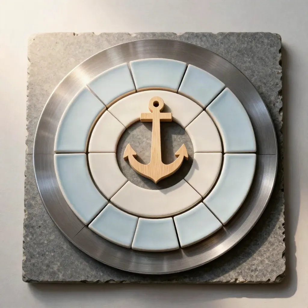 Centered OKR rings with ceramic tiles and wood block on stone under dramatic light.
