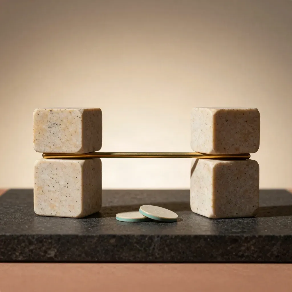 Stone blocks bridged by brass, symbolizing leadership alignment on a dark plinth.