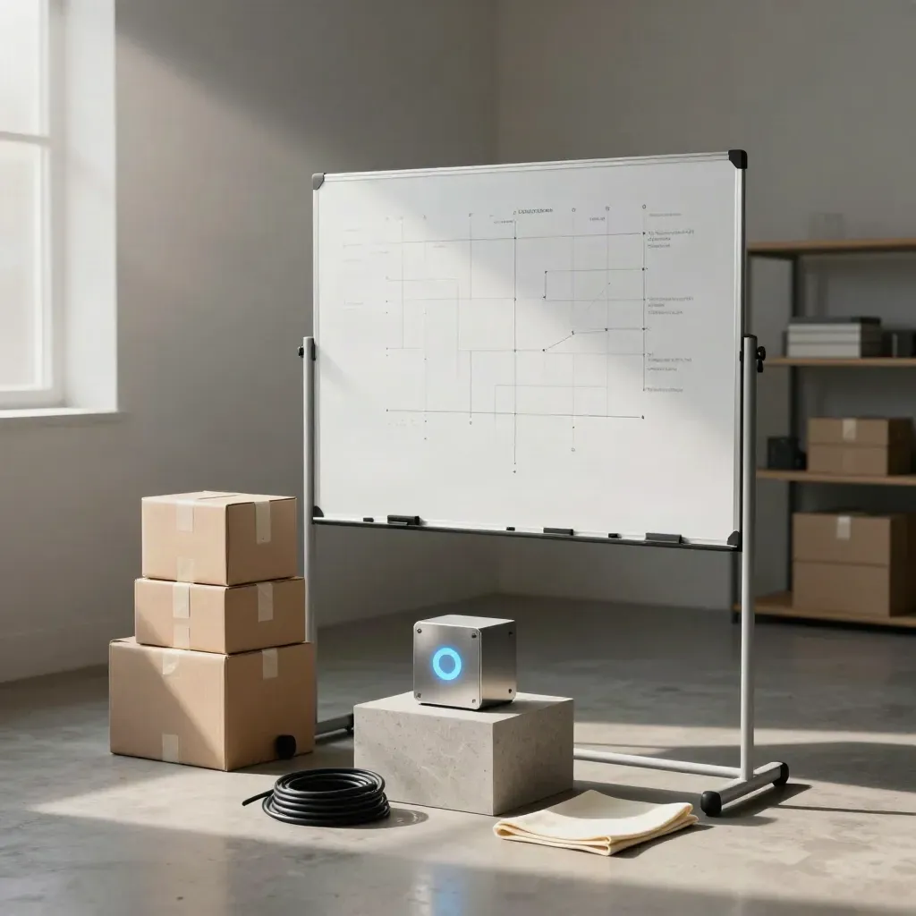 Startup launch setup with prototype pedestal, roadmap board, boxes, cables, and moody window light.