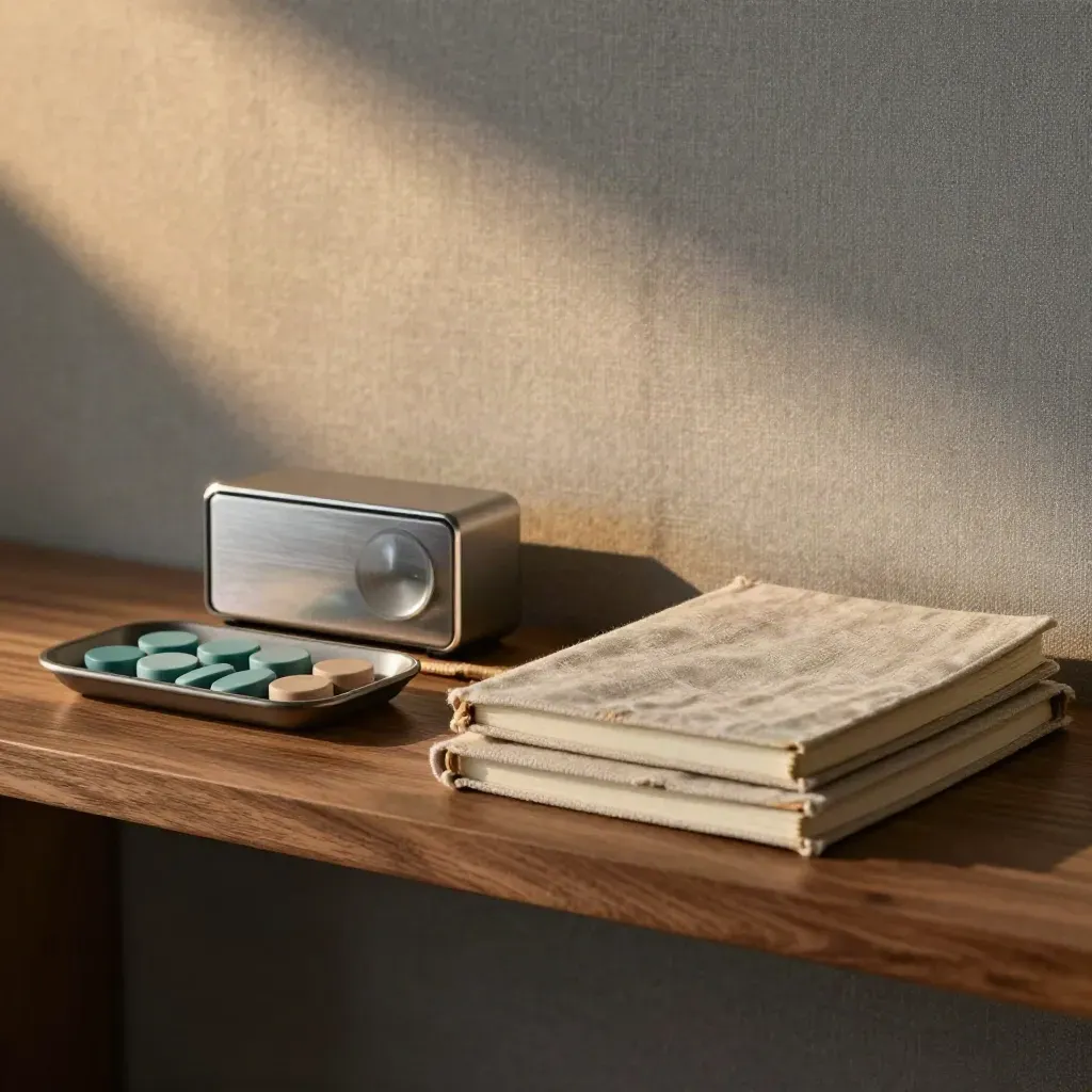 A tidy agency planning shelf with timer, closed notebooks, and teal goal tokens in warm light.