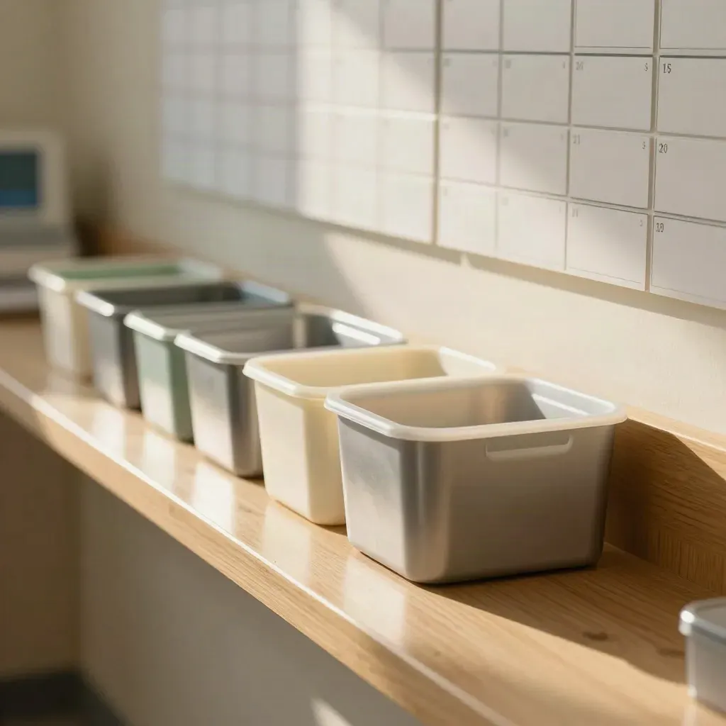 Organized clinic handoff counter with bins, trays, and blank schedule tiles in warm window light.