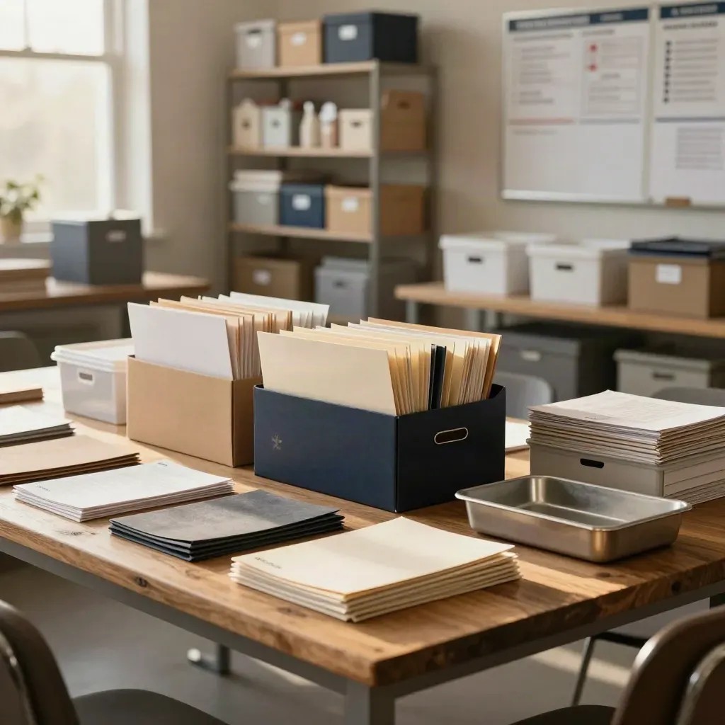 Nonprofit planning table with event boxes, donor folders, and storage supplies in warm afternoon light.