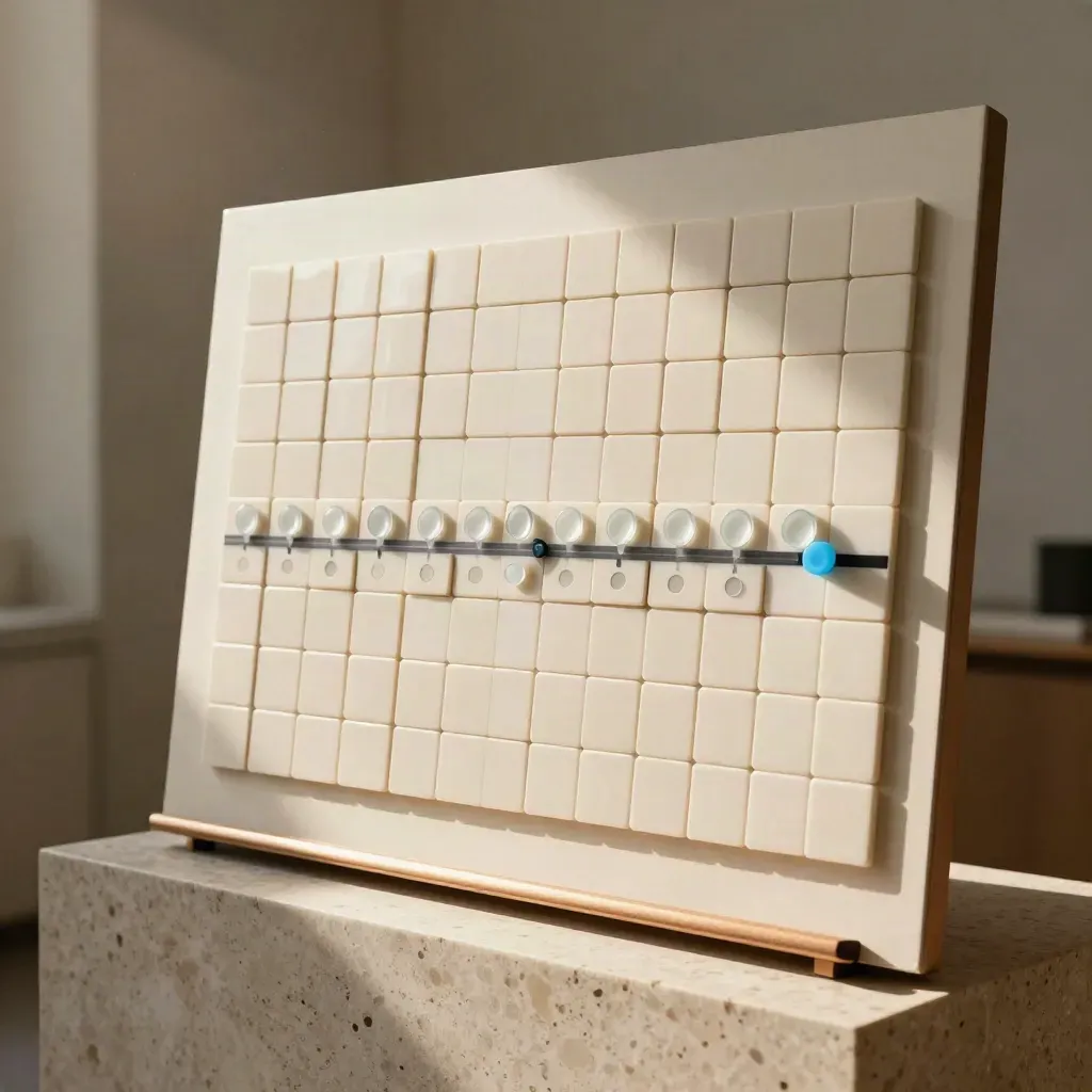 Matte tiles, timeline strip, and ownership tokens settling on a pale strategy board in soft daylight.
