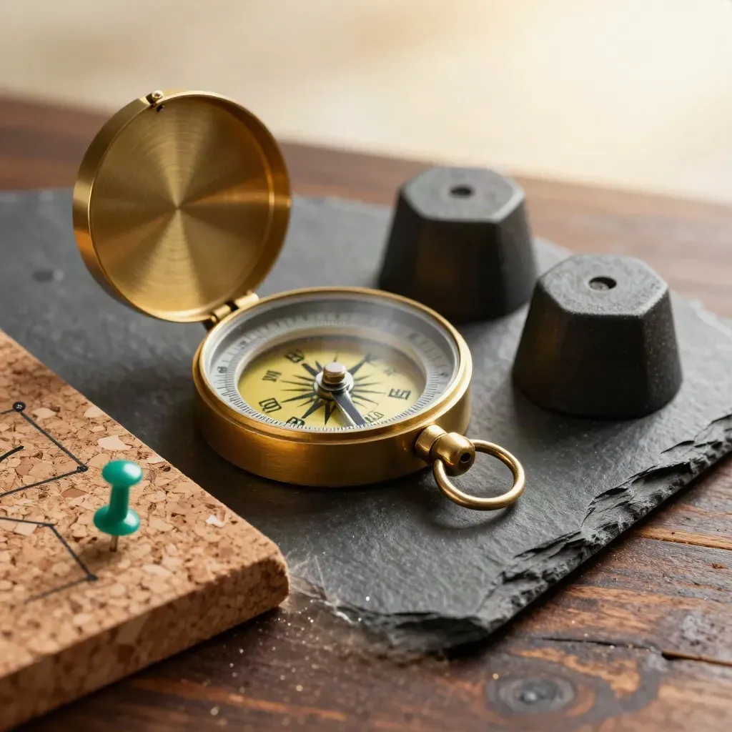 Macro still life of brass compass, slate weights, cork board corner, and teal pin on walnut wood.