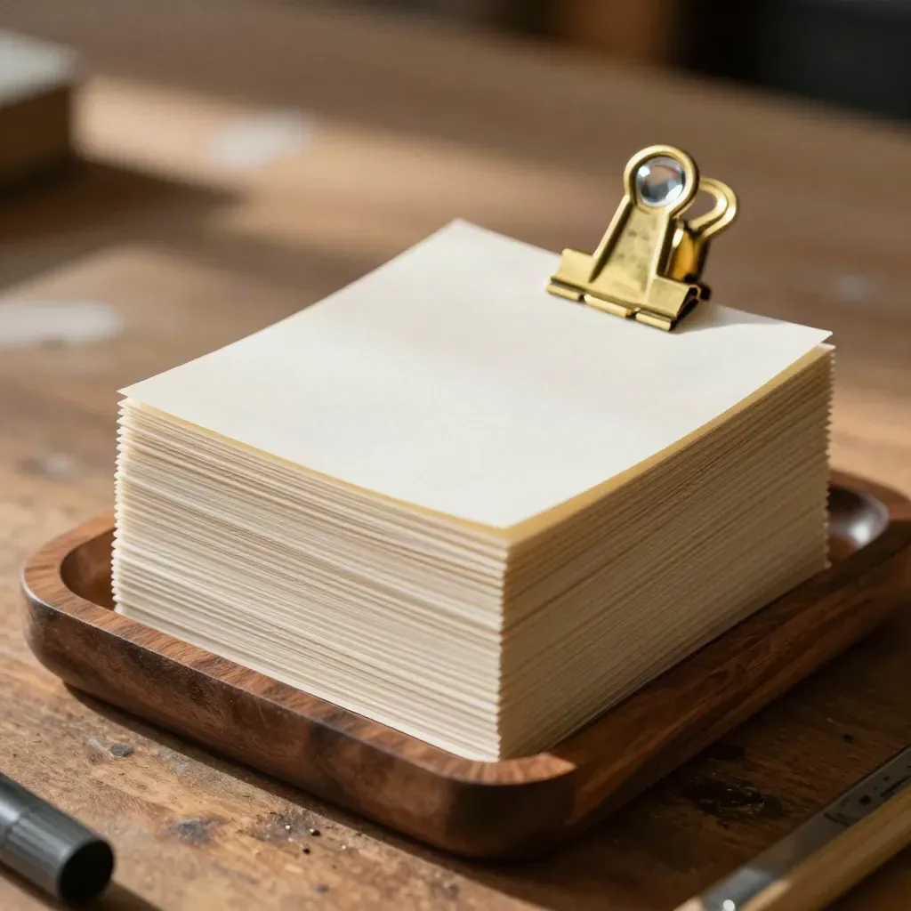 Stack of index cards and brass clips in a walnut tray under dramatic studio light.