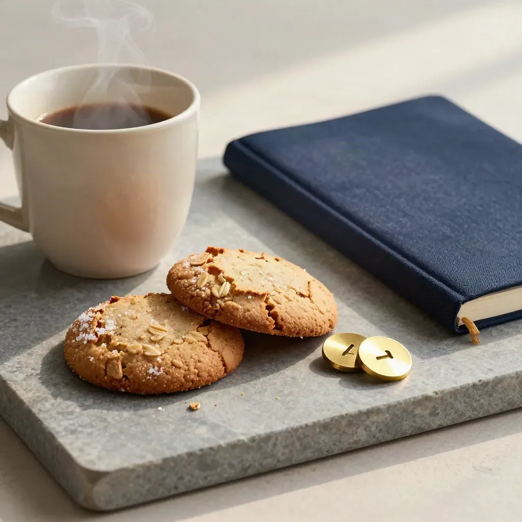 Ceramic cup, biscuits, closed notebook and brass tokens on stone with soft steam.
