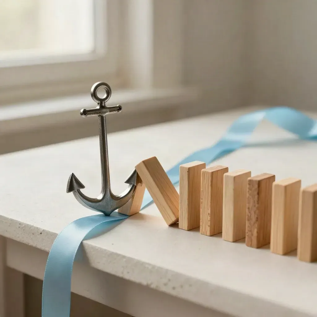 Wooden domino roadmap with metal anchor and sky-blue ribbon on a plaster shelf
