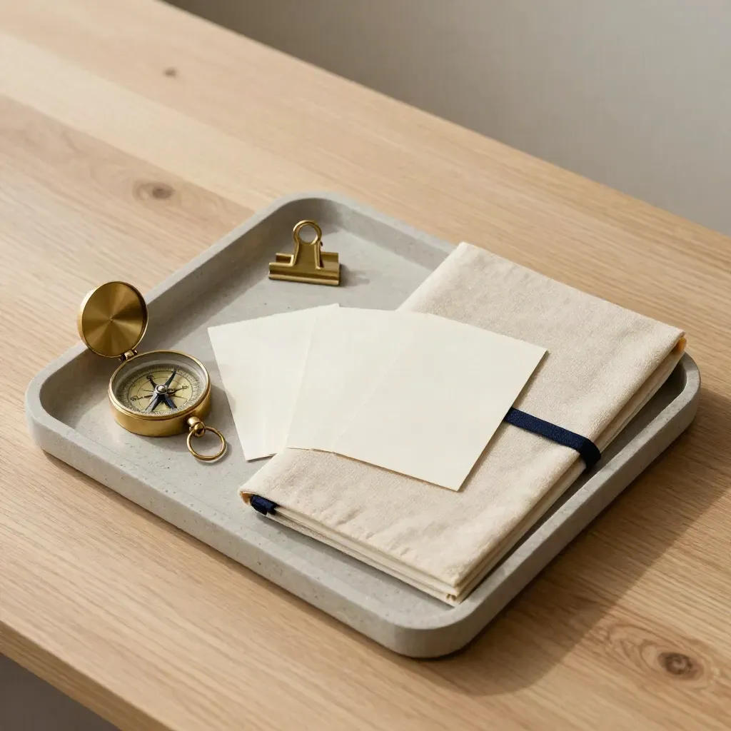 Top-down still life of a briefing tray with compass, face-down cards, clip, and linen folio on pale oak.