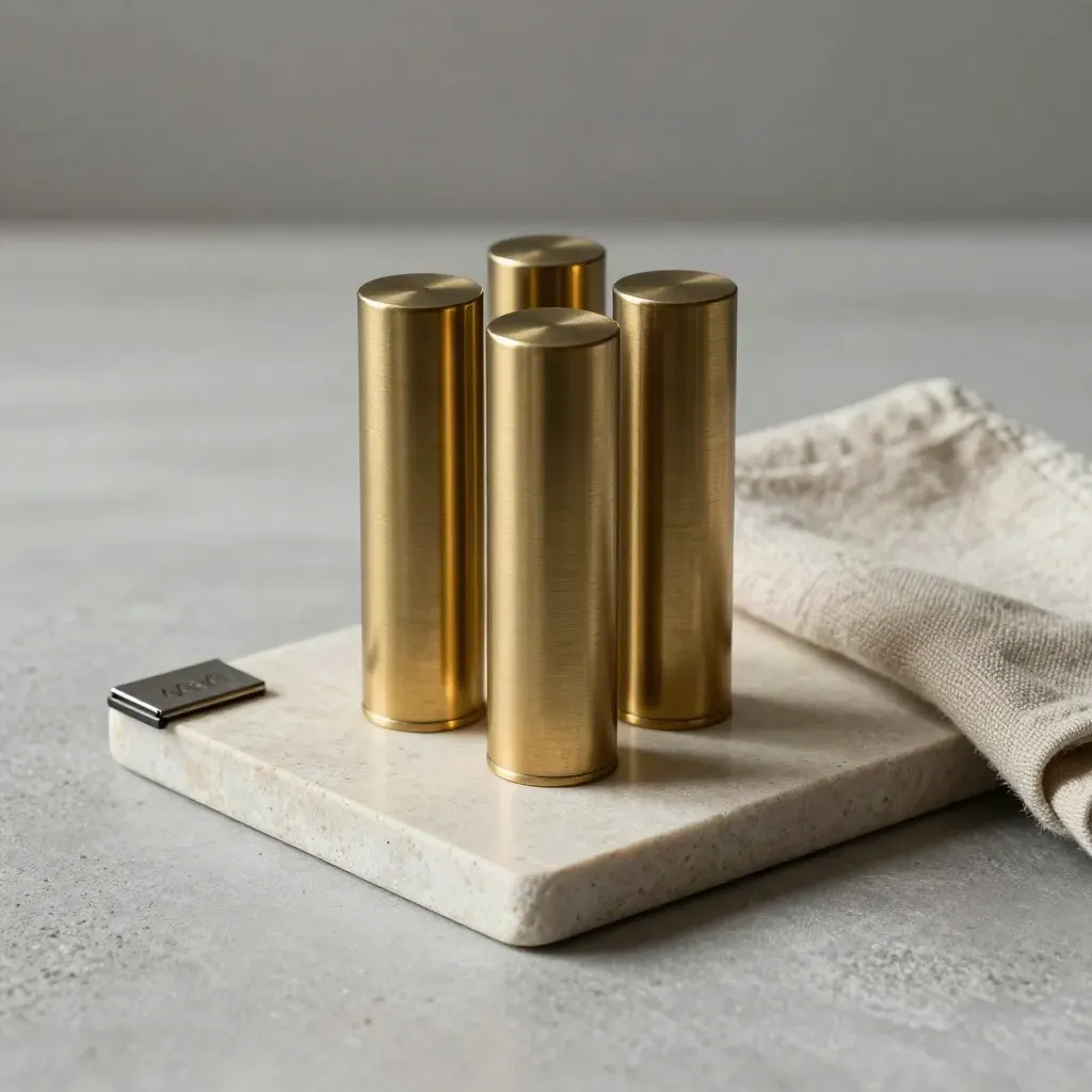 Brass cylinders, ceramic markers, and felt board corner on a stone tray