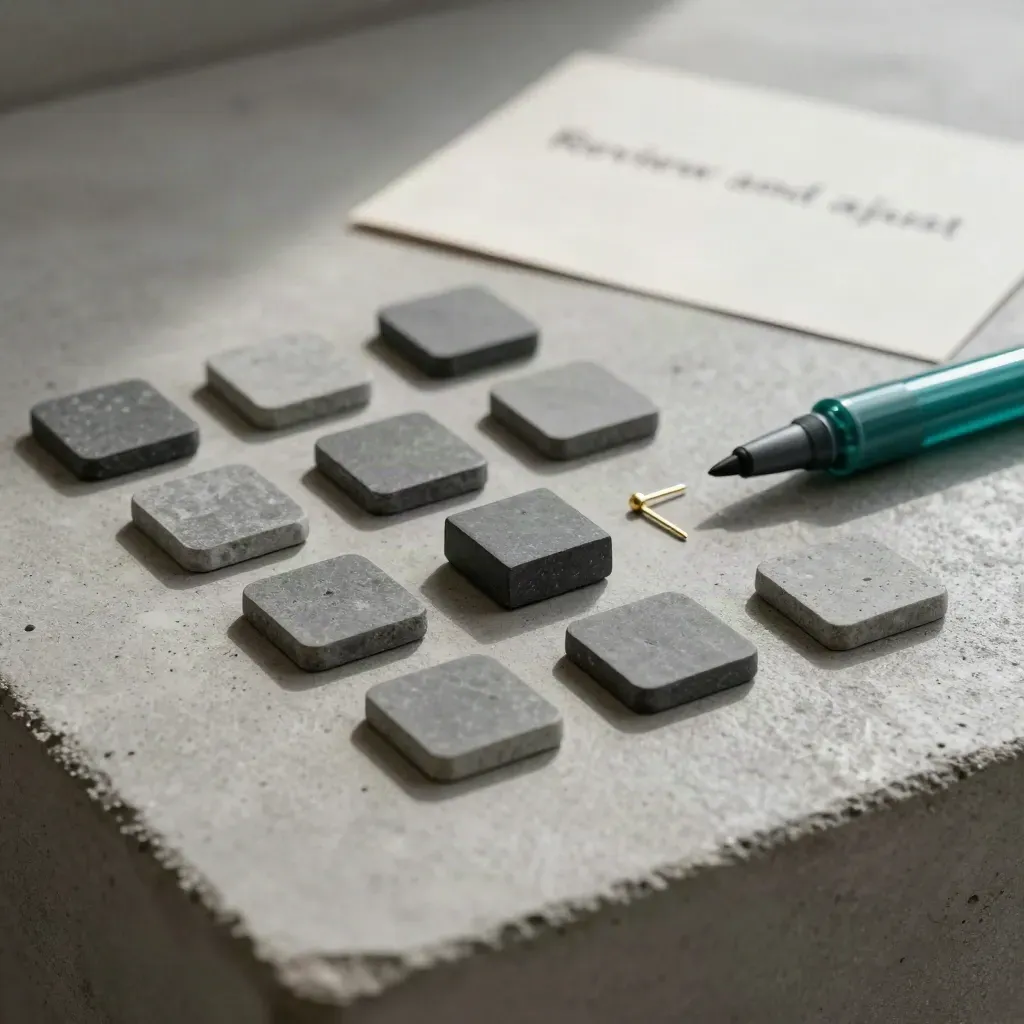 Overhead strategy flatlay with stone tokens, a brass pin, and a teal marker on concrete.