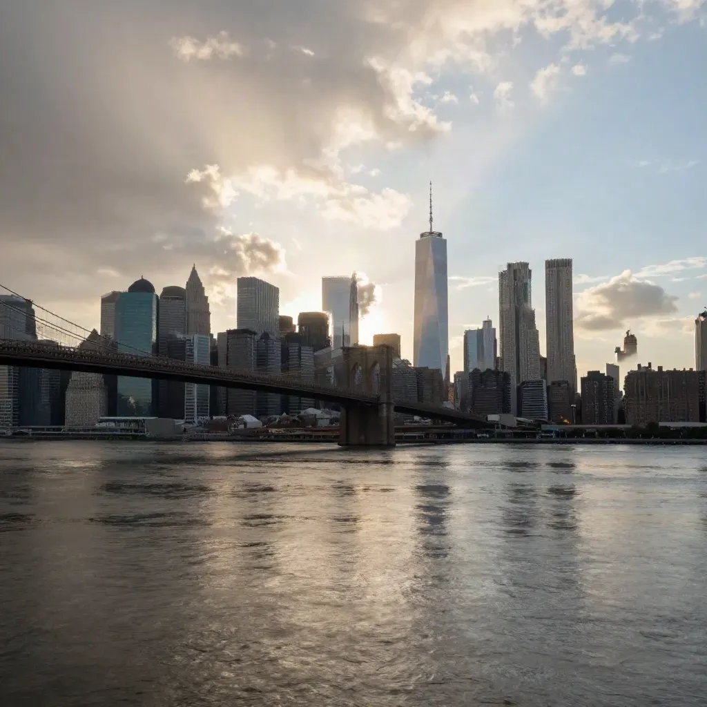 Manhattan skyline and bridge above the East River after rain, mist and golden light.