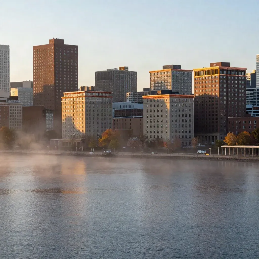 Boston Back Bay skyline over the Charles River in warm autumn sunrise fog.