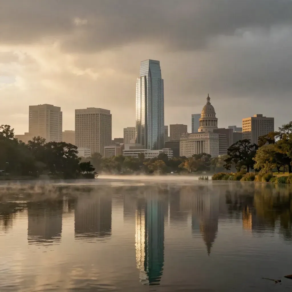 Austin skyline over Lady Bird Lake after storm, with live oaks and hazy mirrored water.