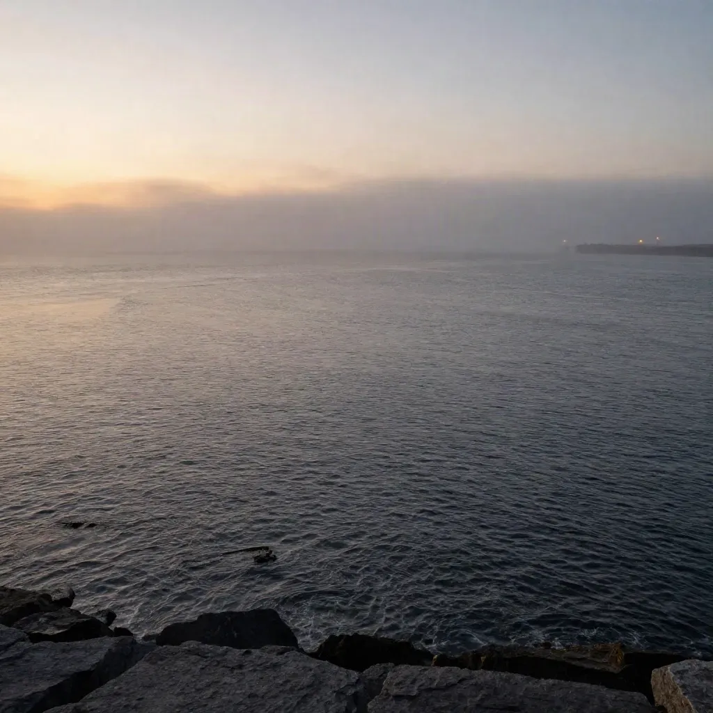 Foggy Atlantic horizon with dark water, distant shoreline lights, and calm mist for headline copy.
