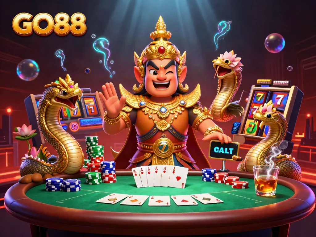 Experience GO88's vibrant casino atmosphere with golden Naga guardians and gaming elements.