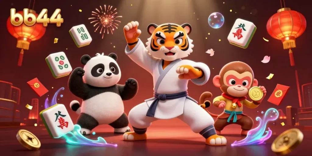 Experience the exciting world of bb44 with a kung fu tiger master surrounded by vibrant casino elements.