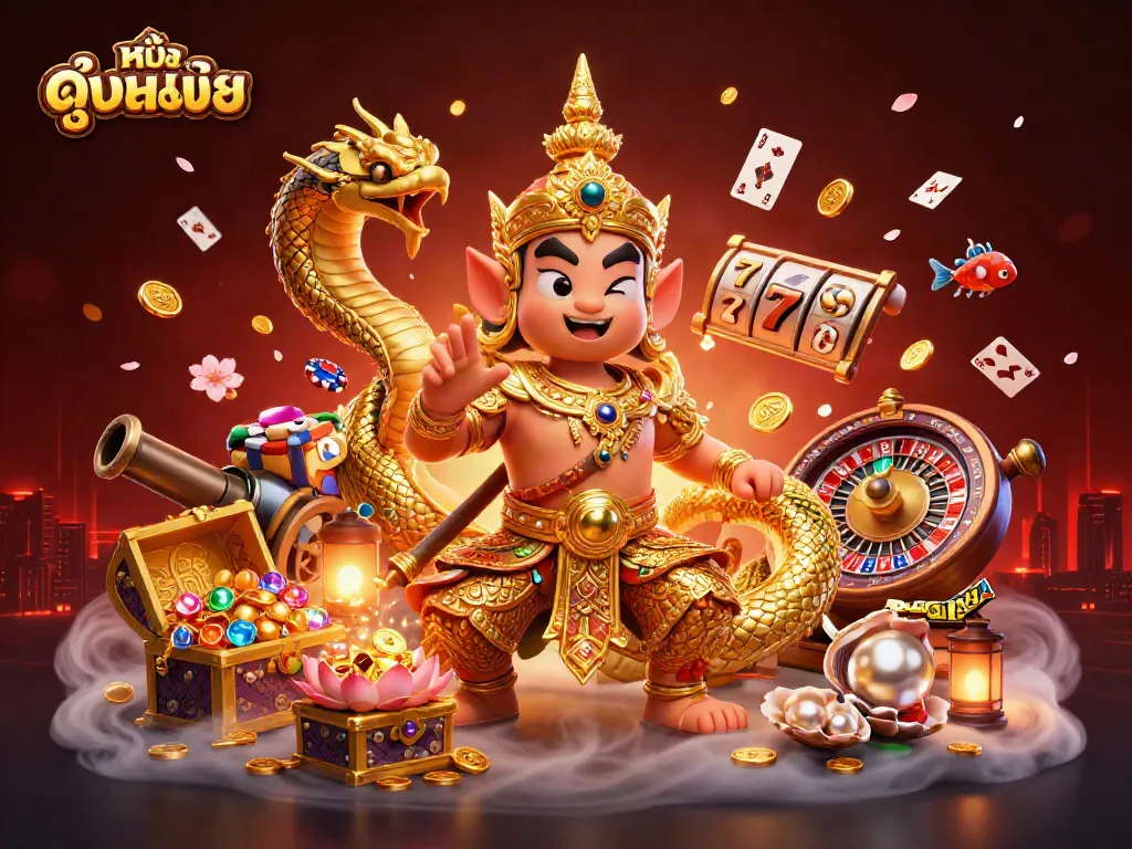 Engage in ดูหนังออนไลน์ action with vibrant slot machines and gold treasures in a dynamic casino scene.