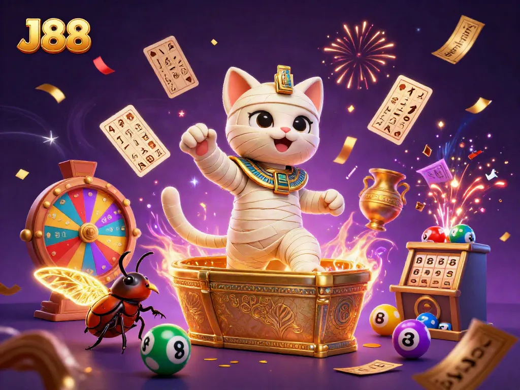 Experience the thrill of J88 with an abundant casino scene featuring a glowing Egyptian mummy cat, vibrant elements, and magical confetti.