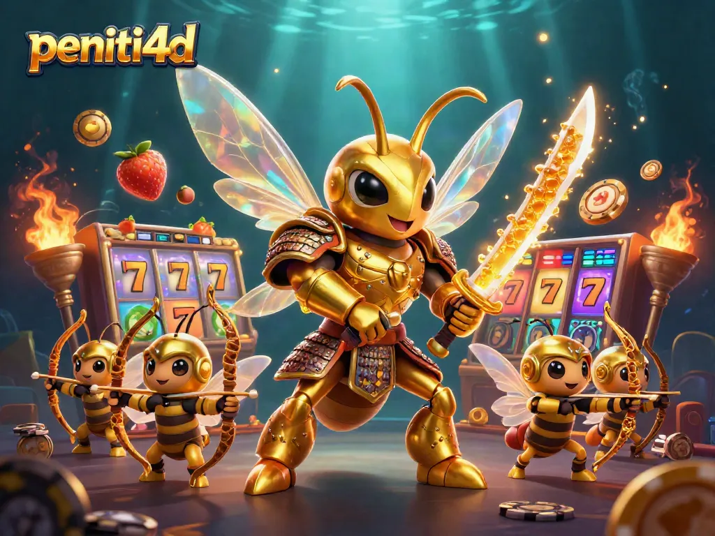 Permainan slot di platform peniti4d dengan gulungan slot, jackpot, dan karakter menarik yang berinteraksi.