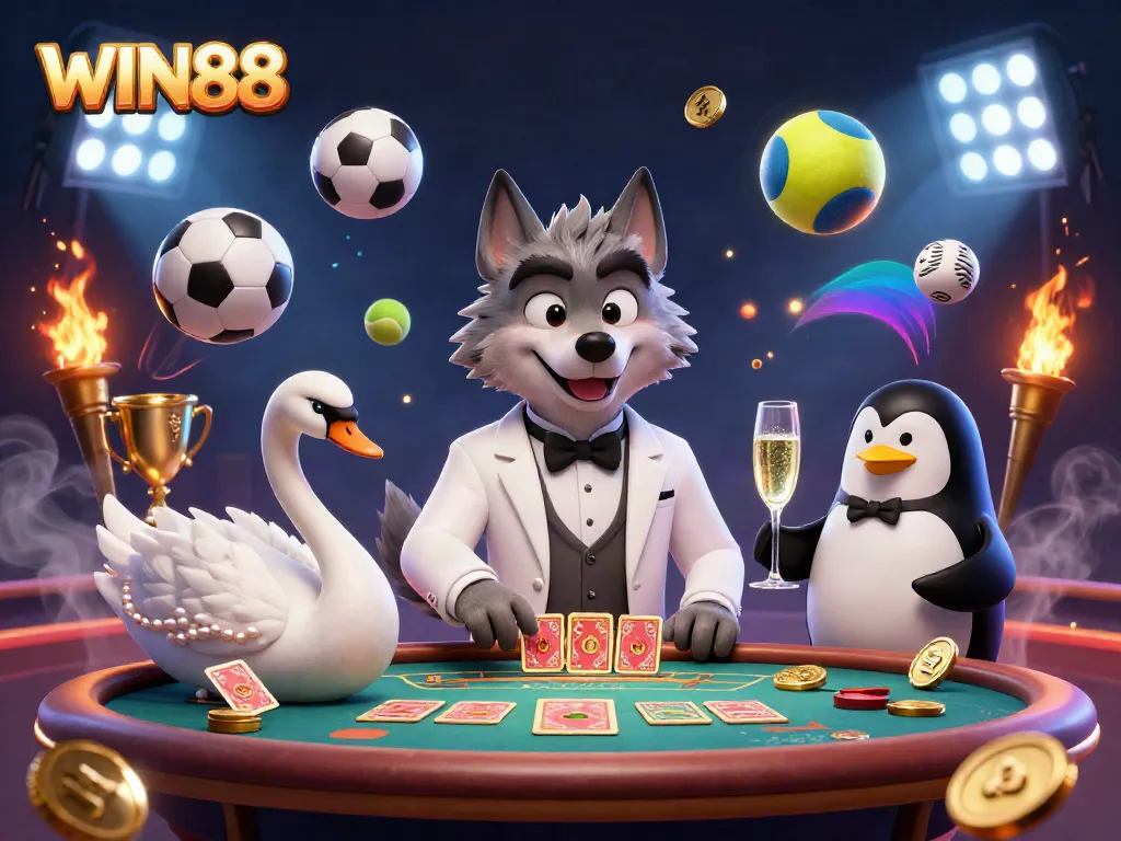 Experience thrilling action with WIN88 as characters play games in a vibrant 3D casino scene.