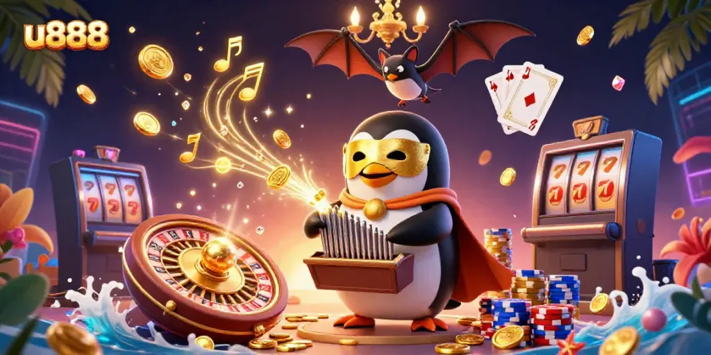 Engage with u888’s vibrant casino world, featuring golden coins, a penguin organist, and arcade excitement.