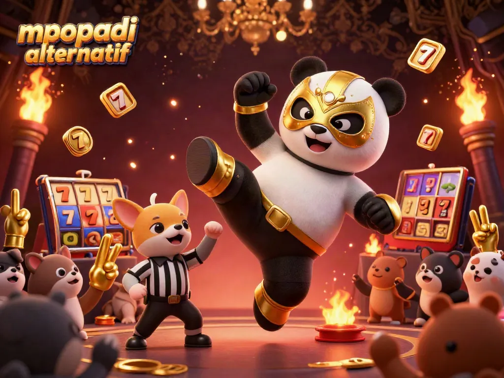 MPOPADI alternatif showcases an energetic scene with a panda wrestler and animal crowd celebrating online gambling.