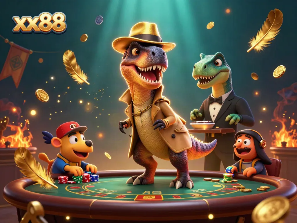 Join the action at xx88 with a cartoon velociraptor card counter and a suspicious pit boss.