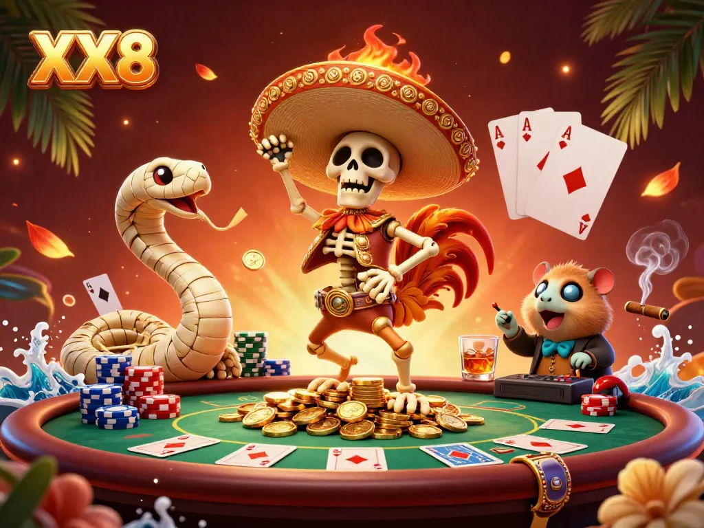XX8 themed victory dance scene with a skeleton mariachi rooster, mummy snake, and hamster DJ surrounded by poker elements.