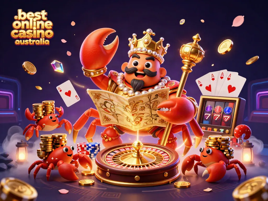 Experience the best online casino in Australia with a vibrant 3D scene featuring a golden crab emperor and engaging casino elements.