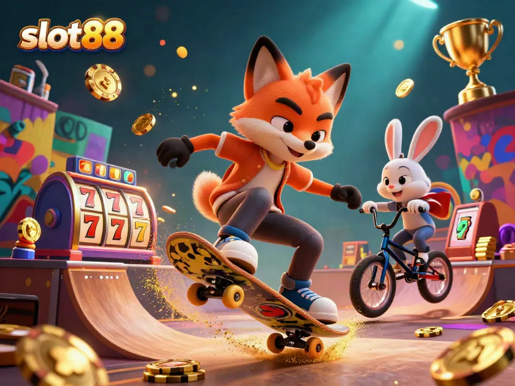 Engage with slot88 through a vibrant 3D illustration of animated casino elements, featuring a skateboarder fox and BMX rabbit.