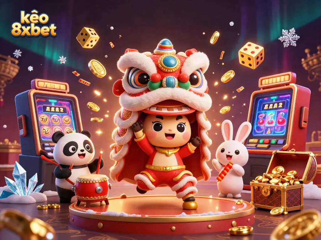 Engage with kèo 8xbet featuring a dynamic lion dance and casino elements in a vibrant scene.