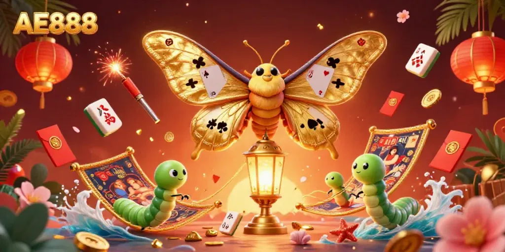 Immerse in AE888's vibrant casino scene with a golden atlas moth, festive decorations, and floating gaming elements.