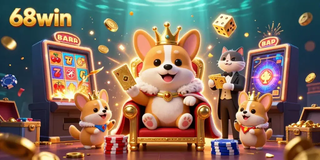 Experience the excitement of 68win with a royal corgi on a throne of poker chips amidst casino chaos.