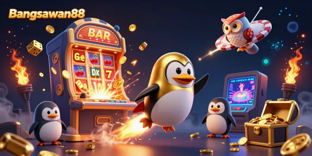 Bangsawan88 penguin soaring above a dynamic casino space scene filled with slot machines and gold coins.
