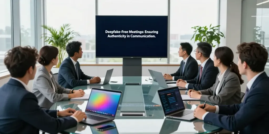 Professionals discussing deepfake free meetings in a modern conference room.