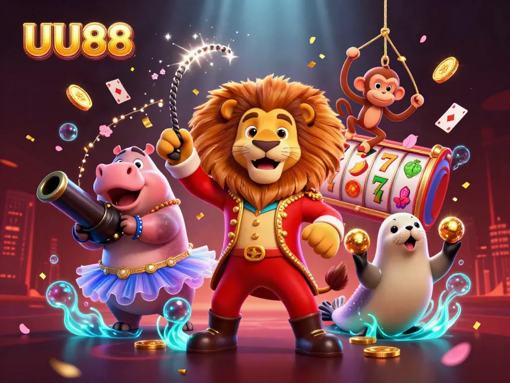 Experience the excitement of UU88 with a vibrant casino-themed scene featuring 3D characters in dynamic action.