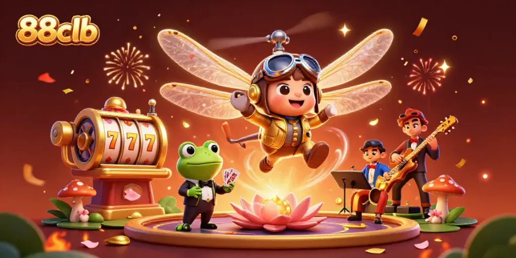 Engage 88clb with a vibrant scene of a dragonfly pilot and frog dealer at a lively gaming table.