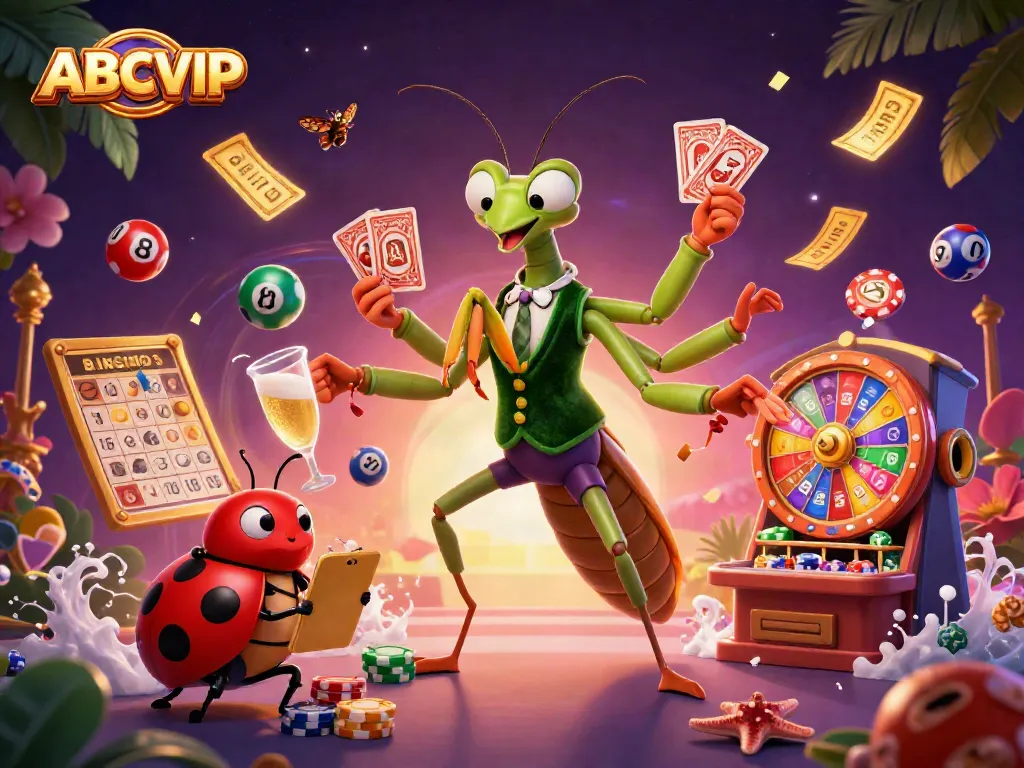 ABCVIP creates an exciting casino atmosphere with a giant praying mantis dealer and ladybug pit boss in this vibrant illustration.