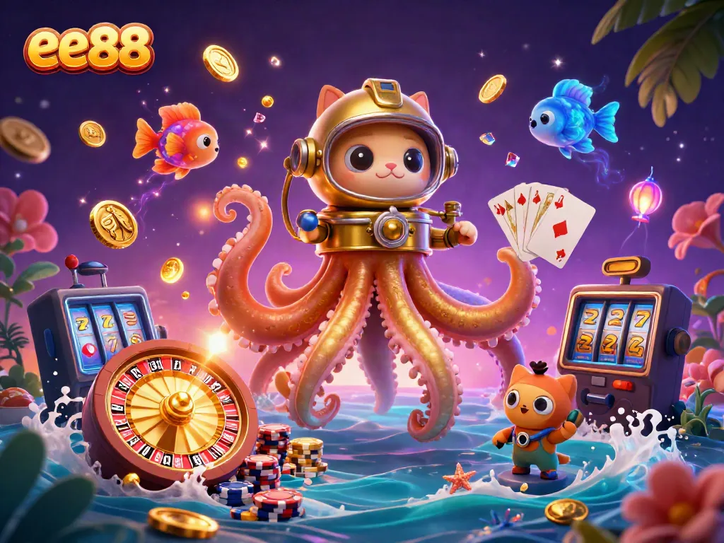 Experience the excitement of ee88 with a 3D scene featuring a kraken, diving cat, and glowing fish amidst treasure and casino elements.