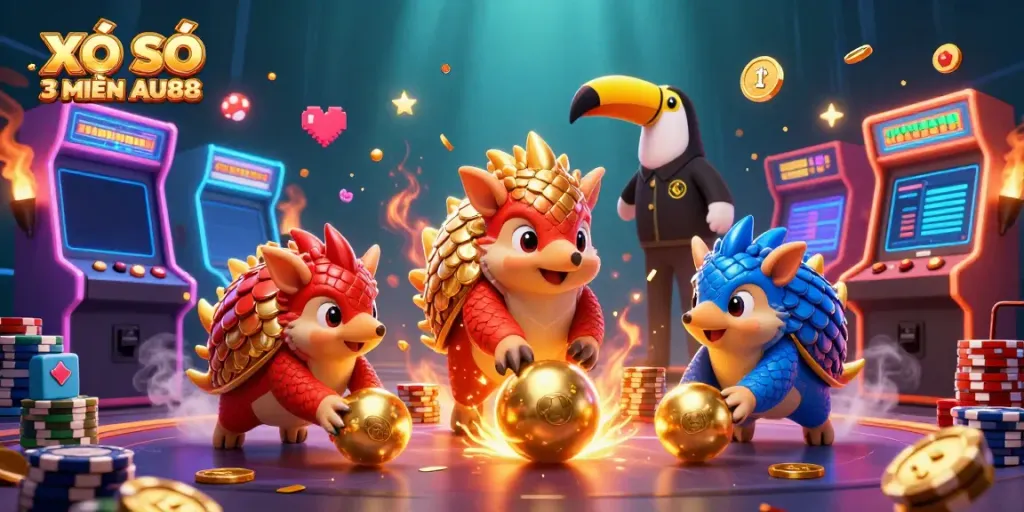 XỔ SỐ 3 MIỀN AU88 cartoon pangolins competing in a colorful casino game scene, bouncing golden balls and poker chips.