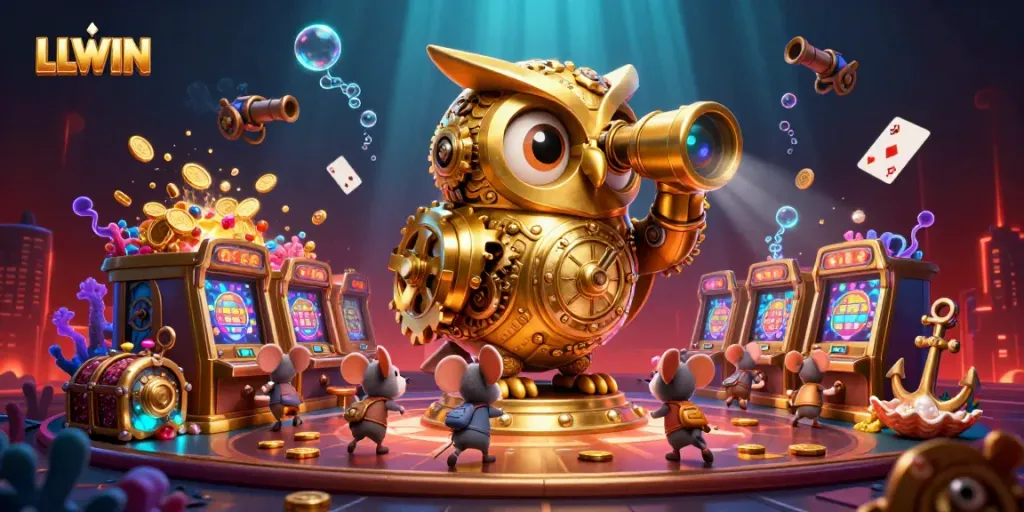 Engage with LLWIN's vibrant casino scene highlighting the animated golden owl and whimsical mouse patrons.