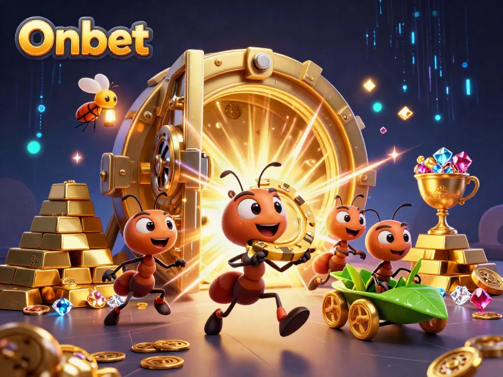 Onbet ants heist carrying a giant poker chip amidst a treasure vault in a vibrant casino illustration.