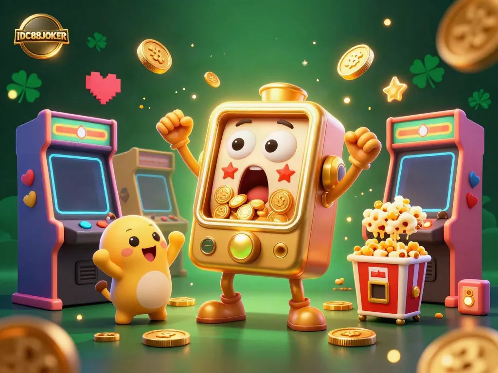 Experience the excitement of IDC88JOKER with a golden slot machine hitting a jackpot amidst vibrant game elements.
