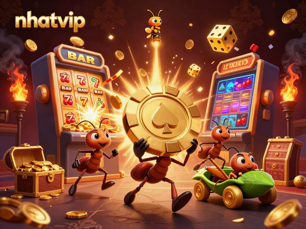 Experience the thrilling heist with nhatvip's colorful casino adventure featuring ants and golden symbols.